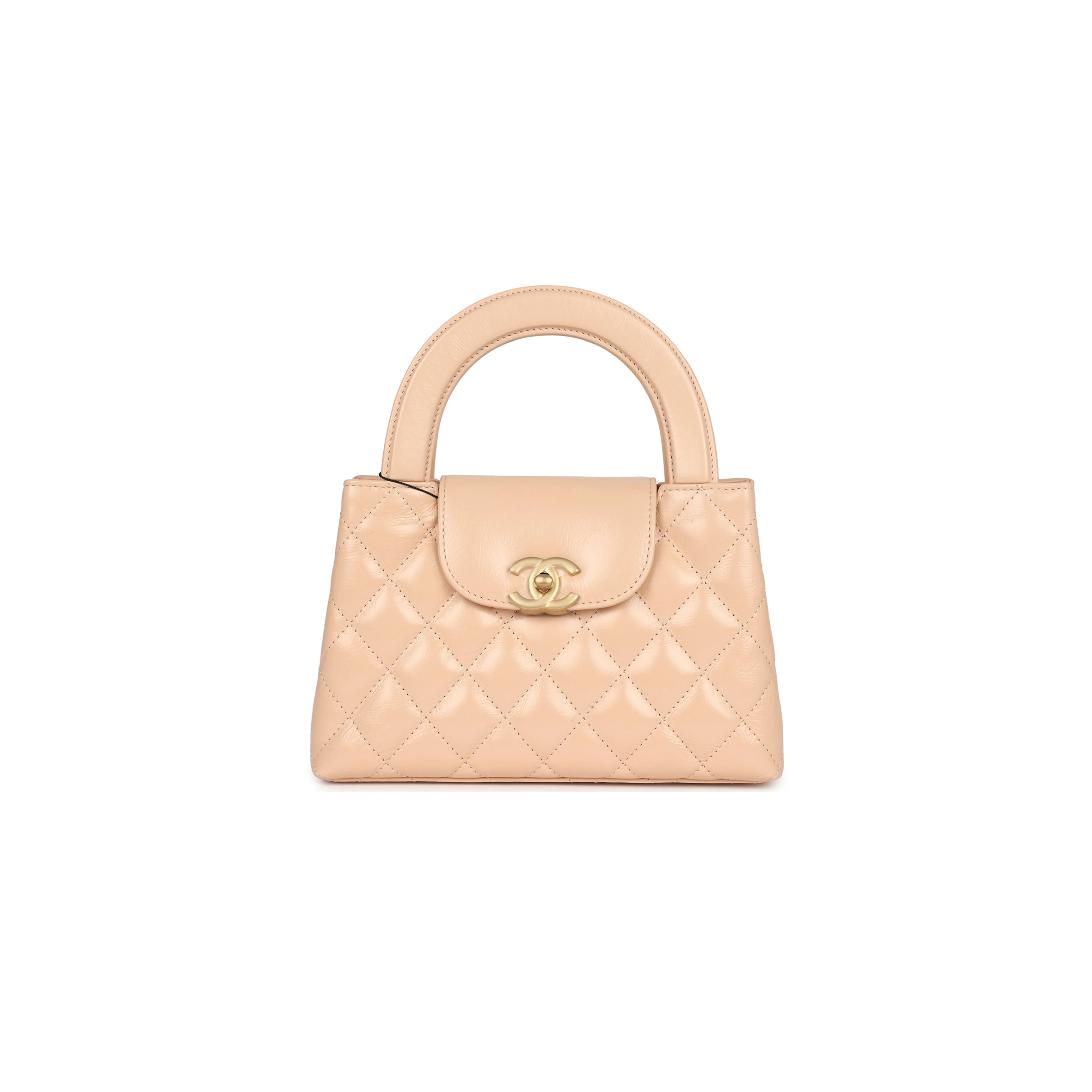 Ch*el master kelly shopper beige shiny calfskin brushed gold hardware as4416 (19*13*7cm)